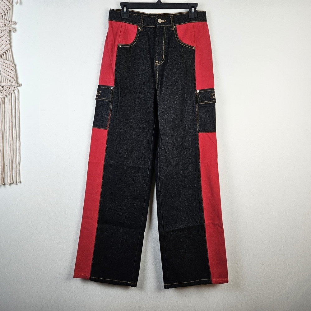 Finesse Black Red Patchwork Wide Leg Jeans Size S US 4-6 NWOT Statement